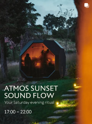 ATMOS Instagram post announcing Sunset Sound Flow, with the steam dome at dusk